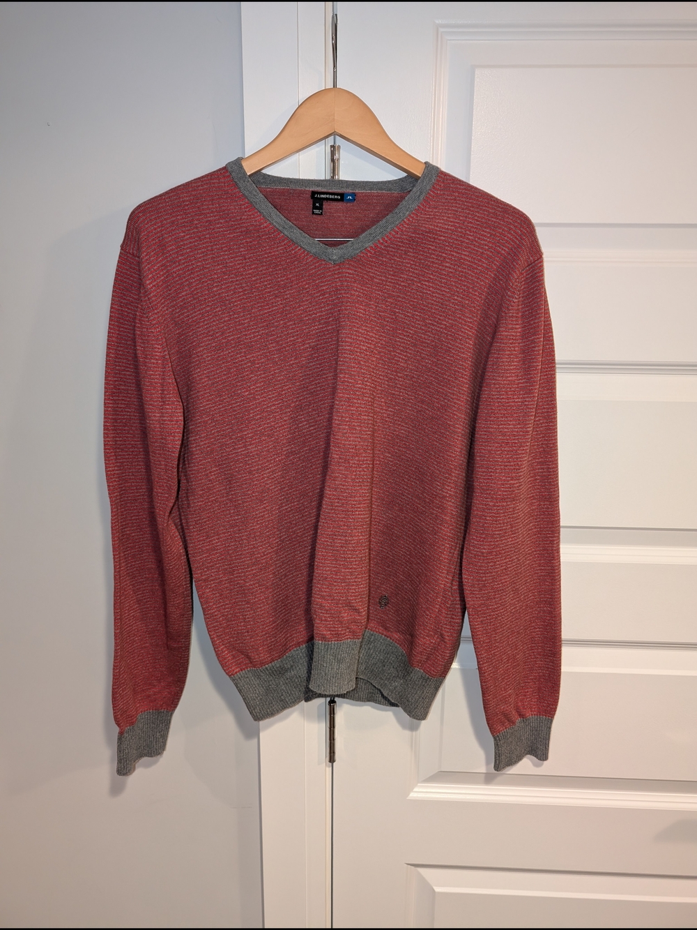 J Lindeberg Men’s Red V-Neck Sweater with Gray Trim